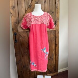 Johnny Was Women's Sz S Coral 100% Linen Embroidered Tunic Dress Midi Floral EUC